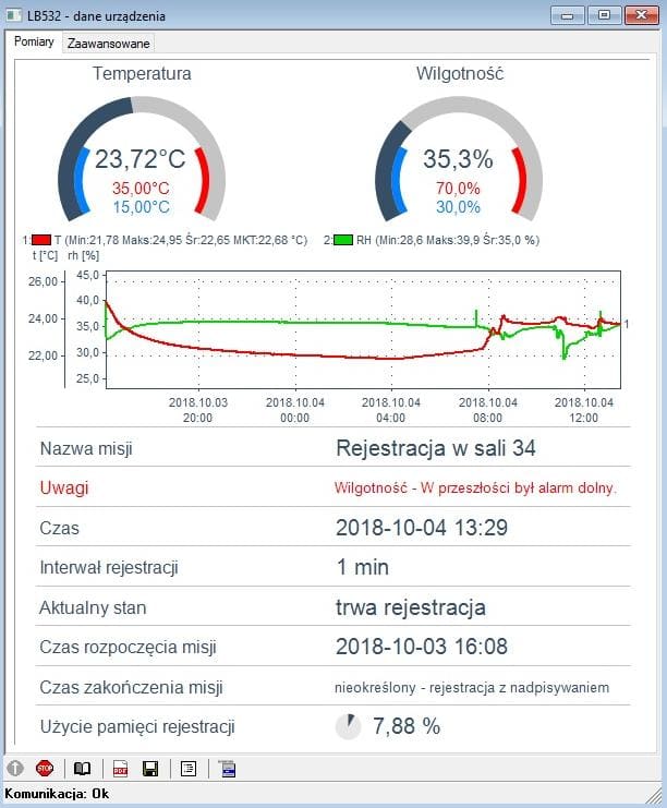 Okno główne programu logger po dołączeniu LB-532