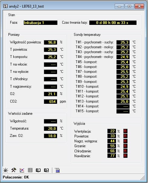 Ekran pomiarów sterownika LB-763 w programie LBX