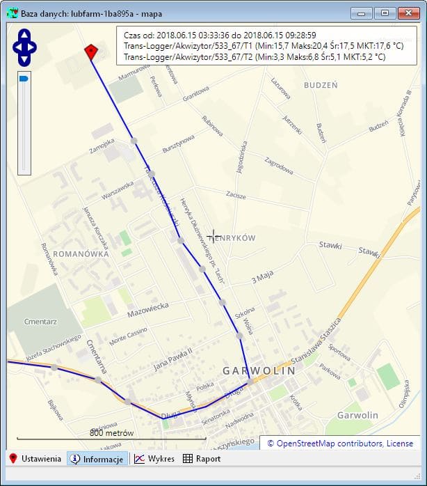 Monitorowania lokalizacji wszystkich tras przejazdu i wyświetlenie ich na mapie w programie LBX