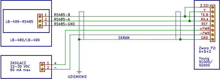 Schemat podłączenia czujnika Young 91000/92000 do LB-480 - RS-485