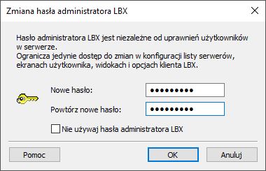Program LBX - konfiguracja hasła administratora